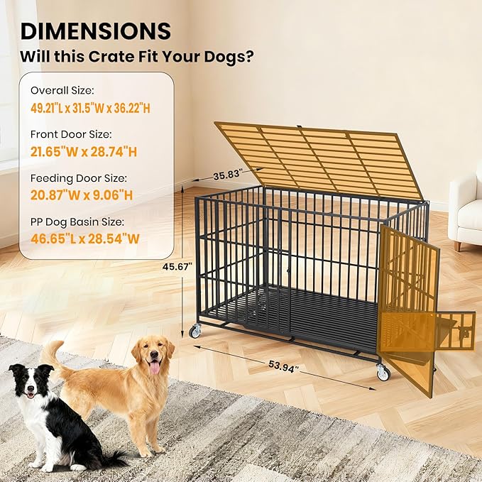 49 Inch Heavy Duty Dog Crate with Wheels, Escape Proof Metal Kennel with 3 Doors & Removable Tray for Large Medium Dogs, Black