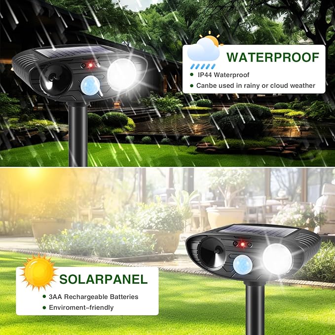 2026 Solar Ultrasonic Animal Repellent Outdoor,Deer Repellent Devices Squirrel Cat Raccoon Rabbit Dog Deterrent,Waterproof Motion Detection with Flash Light for Vegetable Garden,Backyard,Lawn 2Pack