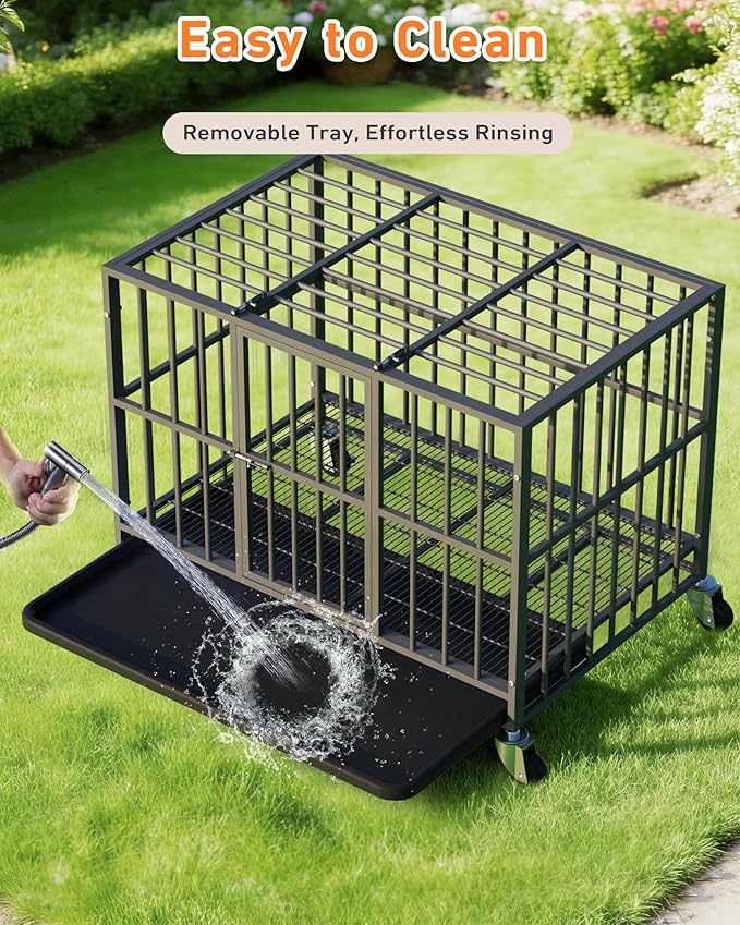 38 inch Heavy Duty Dog Crate with Dual Doors and Lockable Wheels, Large Dog Kennel Indoor, Removable Tray for Easy Cleaning, Dog Cage for Medium to Large Breeds and Anxious Dogs