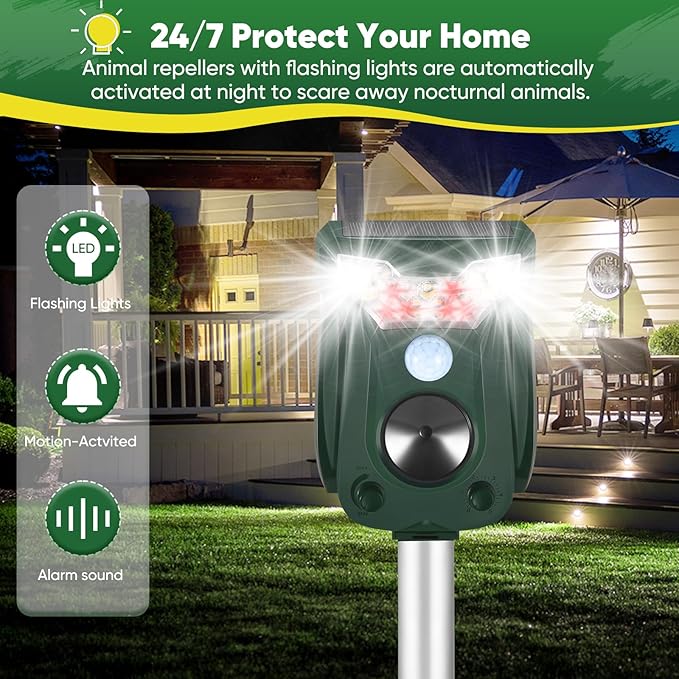 2 Pack Cat Repellent Outdoor Solar Ultrasonic Animal Repeller- Motion Activated Pest Deterrent Device for Cats, Dogs, Raccoons, Deer, Skunks,Rodents, Waterproof Scare Away Raccoon Deterrent Stakes