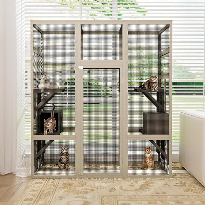70" Large Outdoor Catio Cat Enclosure, Wood Cat Patio with Waterproof UV-Resistant Roof, Cats Shelter with 5 Platforms and 2 Resting Box, and Secure Rust-Proof Wire for Backyard or Patio