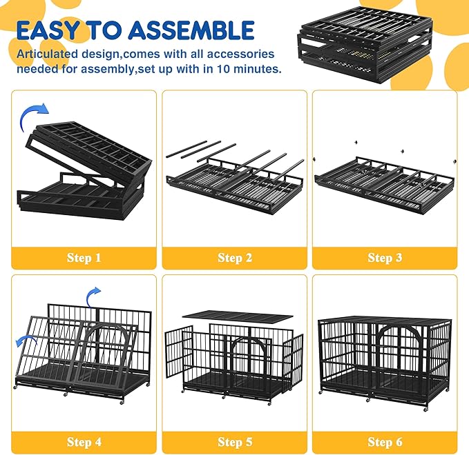 Asee'm 48 inch Heavy Duty Dog Crate for Large Dogs with Wheels, Indestructible Escape-Proof Dog Kennel Cage Indoor for High Anxiety Dogs with Locks and Removable Trays (Black)