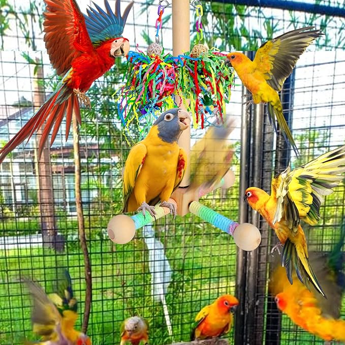 Mity rain Bird Toys - 2 in 1 Interactive Rotating Perch Toy with Foraging Toys, Flexible Stand for Parrots Lovebird Cockatiel Conure, Bird Playground for Small to Medium Birds, Bird Cage Accessories
