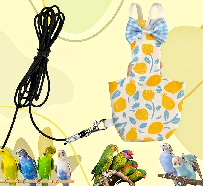 2Pcs Bird Diapers Bird Harness Flight Suits Diapers with 2Pcs 80 Inch Flying Leash Parrot Nappy Pigeon Pants Urine Wet Suit for Cockatiel Conure Macaw Budgies Parakeet-Bowknot&Lemon