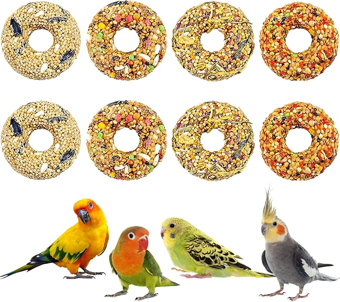 Fhiny Parakeet Treats, 8 PCS Donut Shaped Natural Grain Cockatiel Food with Fruits Vegetables Flowers and Herbs for Parrot Conure Lovebird Training Rewards and Beak Grinding