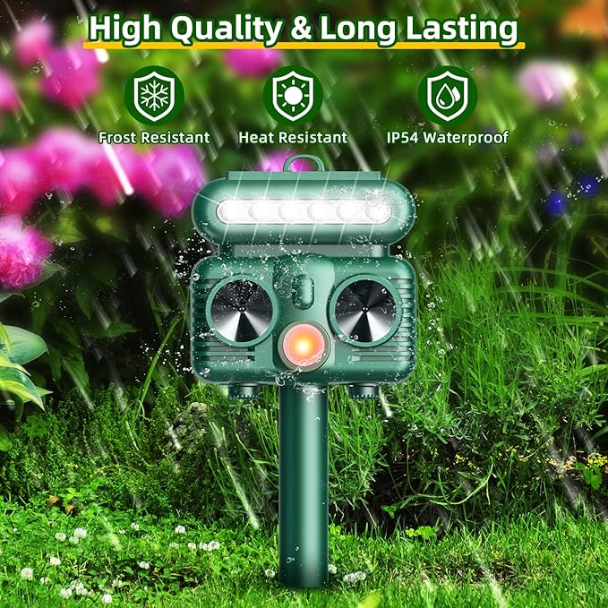 2 Pack Solar Cat Repellent Outdoor, Solar Ultrasonic Animal Repellent Outdoor with Motion Detection, Flashing Light Deer Deterrent Device to Repel Dog Squirrel Rabbit Raccoon Skunk for Yard Farm