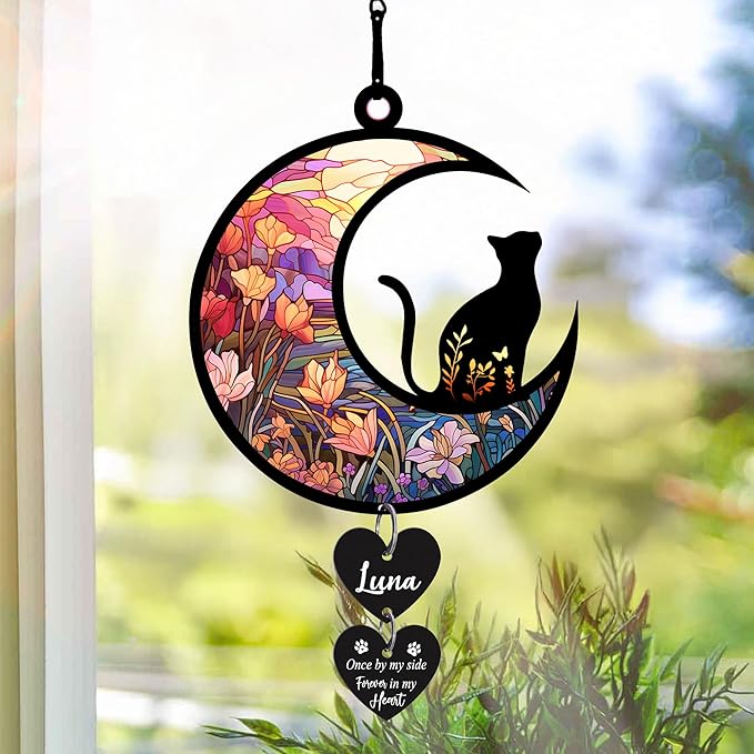NAZENTI Personalized Cat Memorial Suncatcher, Loss of Pets Hanging Ornament, Custom Cats Remembrance Gifts, Sympathy Gift, Bereavement Gifts Cats, Cat Wind Chimes Memorial, Pet Owner