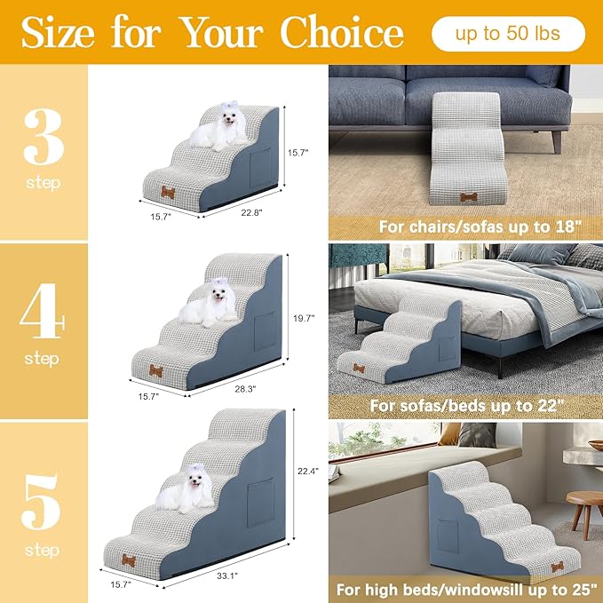 POCBLUE Dog Stairs for Small Dogs 19.7" H, 4-Step Wide Pet Step for High Bed or Couch, Curved Pet Ramps for Cats with High-Density Foam and Washable Cover, Grey