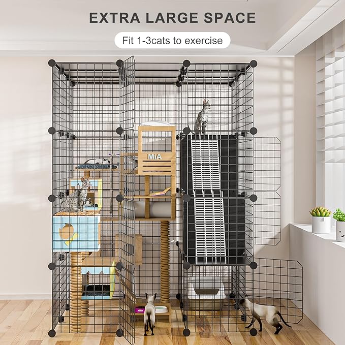 Large Cat Cage Indoor - Metal Wire Cat Enclosure with Storage Cube, Detachable Kitty Cage with Platform for 1-3 Cats, 3x3x4 Spacious Cat Kennel