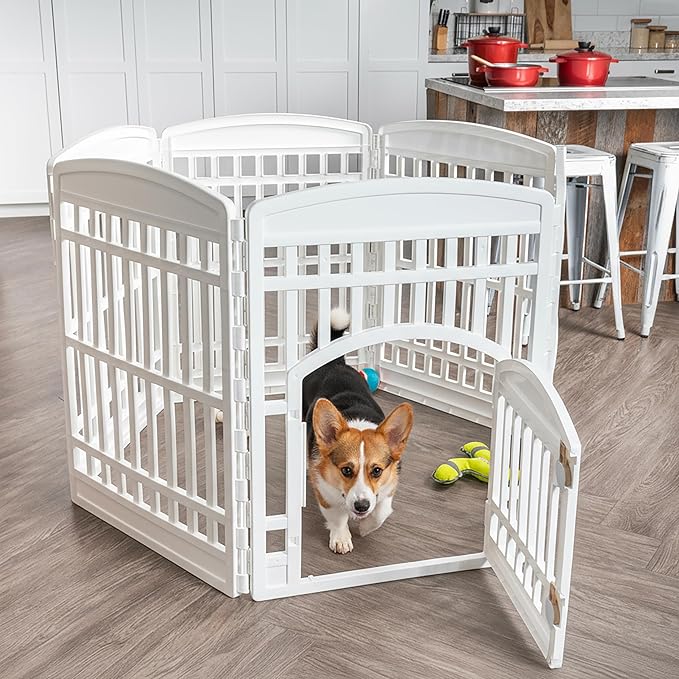 IRIS USA Dog Playpen 34" 6-Panel Dog Playpen with Door, 44 x 63 x 34, Puppy Fence, Puppy Playpen, Dog Play Pen Indoors, Pet Fence, Puppies/Small Dogs, White