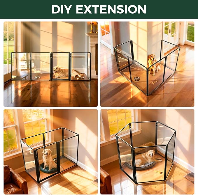 FXW AuraSpace Pro Metal & Acrylic Indoor Dog Playpen, All-Acrylic Clear Heavy-Duty Design, 40" Height 6 Panels for Medium and Large Dogs, Black│Patented