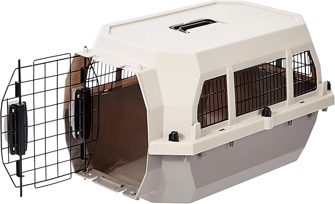 Amazon Basics Hard-Sided Dog and Cat Kennel, Single-Door Travel Pet Carrier with Metal Wire Ventilation, 23.6" L x 15.7" W x 13" H, Beige