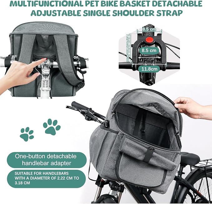 Dog Bike Basket, 12.5 x 11.4 x 15.3 Inches Bike Basket Front Dog Carrier, Expandable Foldable Soft-Sided Dogs Carrier, Universal Fit Cat Dogs Pet Bikes Baskets for Travelling, Camping, Walking (Gray)