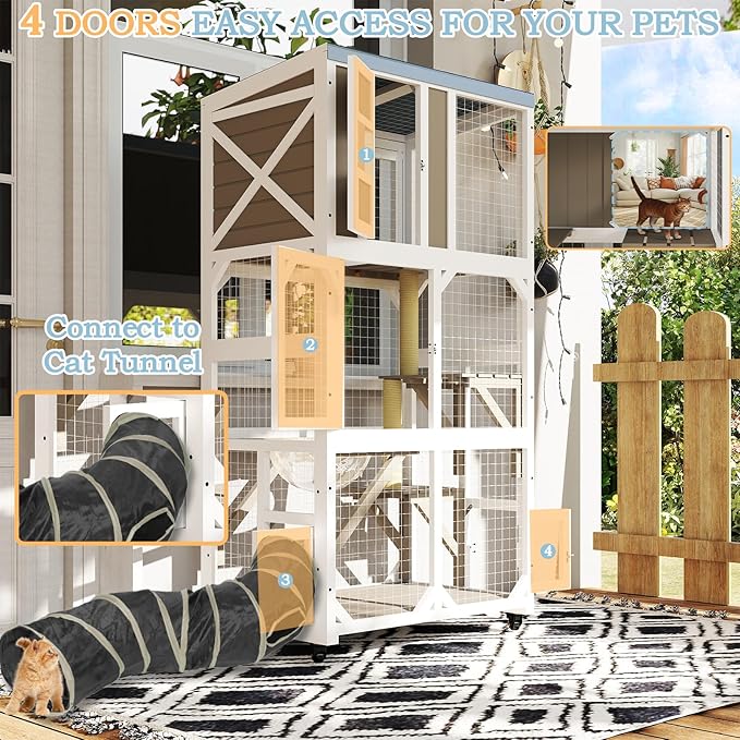 Large Wooden Catio Outdoor Cat Enclosure, Window Cat House with Wheels & 3 Platforms, Kitty Cage with Weatherproof Roof for Multiple Cats
