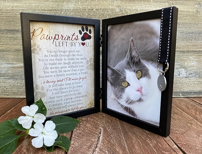 Pawprints Left By You Memorial 5x7 Frame for Cat with Pet Tag - Thoughtful Cat Memorial Gift