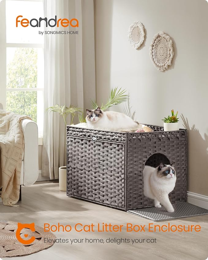 Feandrea Cat Litter Box Enclosure, Handwoven Rattan Hidden Litter Box Furniture with Extra Litter Mat, Removable Washable Tray, Boho Cat House, End Table, Dove Gray UPCL014G01
