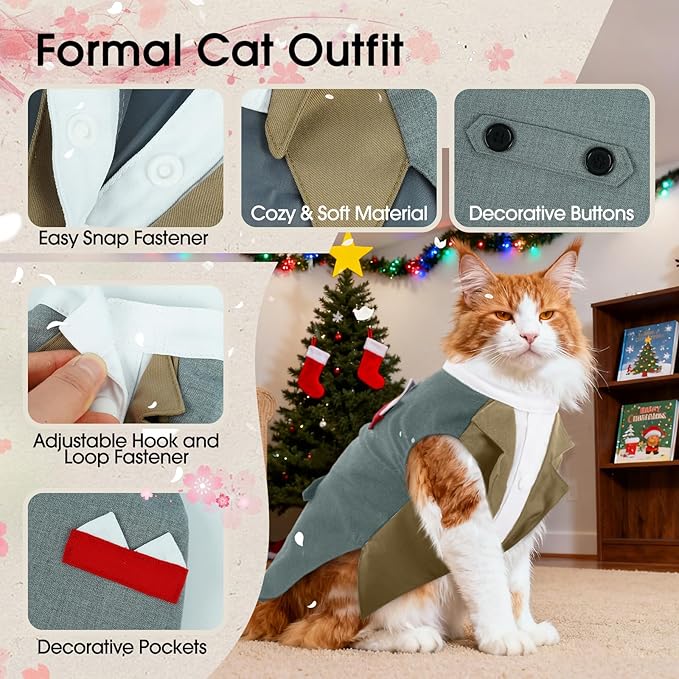 DENTRUN Cat Tuxedo Outfit Formal Suit with Shirt, Fancy Pet Tuxedo Vest for Hairless & Furry Cats, Kitten Wedding Attire Birthday Party Costume Clothes for Cats Only, XS-XXL