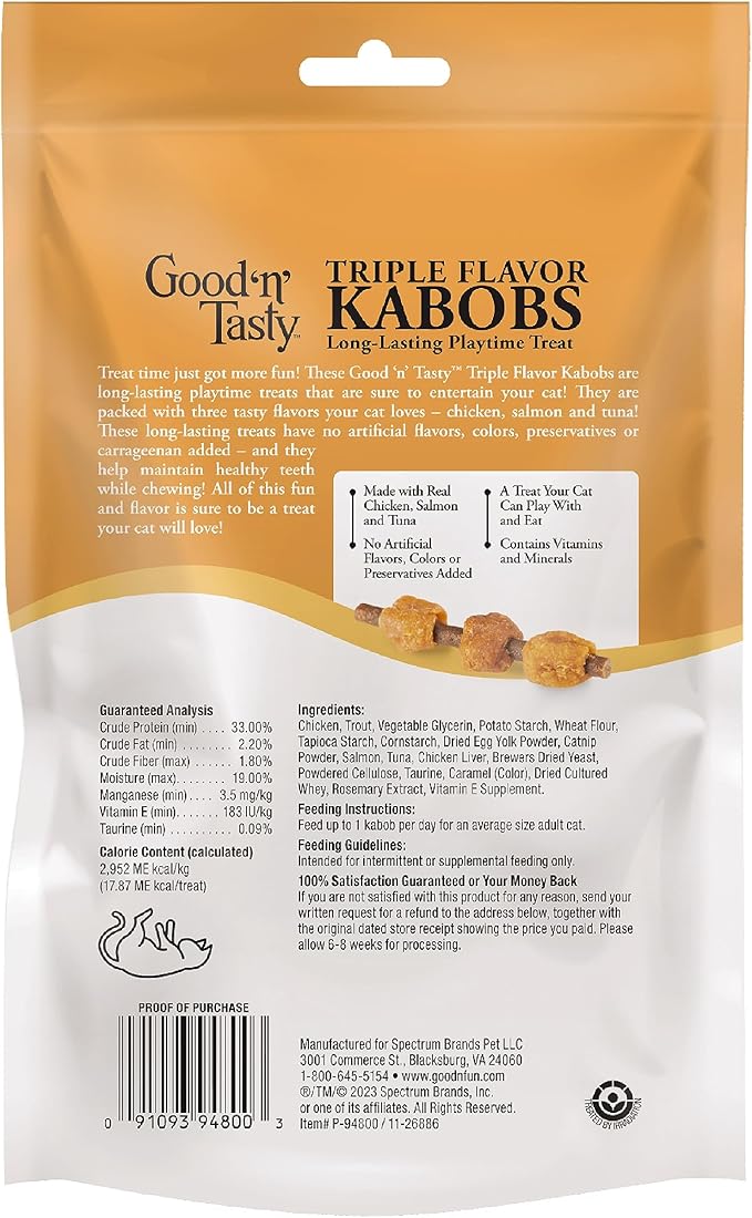 Good ‘n’ Tasty Triple Flavor Kabobs Cat Treat, 3 Ounce Bag, Long-Lasting Playtime Treat for Cats Made with Real Chicken, Salmon & Tuna, 6 Pack