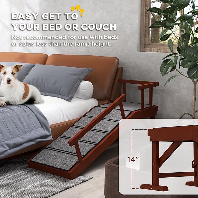 PawHut Dog Ramp, Dog Stairs for Small, Medium & Large Dogs, Pet Ramp for Bed or Couch with Removable Guardrails, Non-Slip Surface, 49" Long, Brown