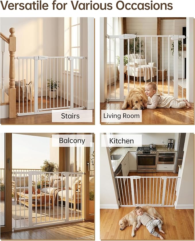 Baby Gate for Stairs, 29.92-38.98” Wide Pressure Mounted Baby Gate No Drill Needed, Auto Close Dog Gate for Doorways, Easy Walk Through Safety Child Gates for Toddler & Pet/Puppy, Indoor, White
