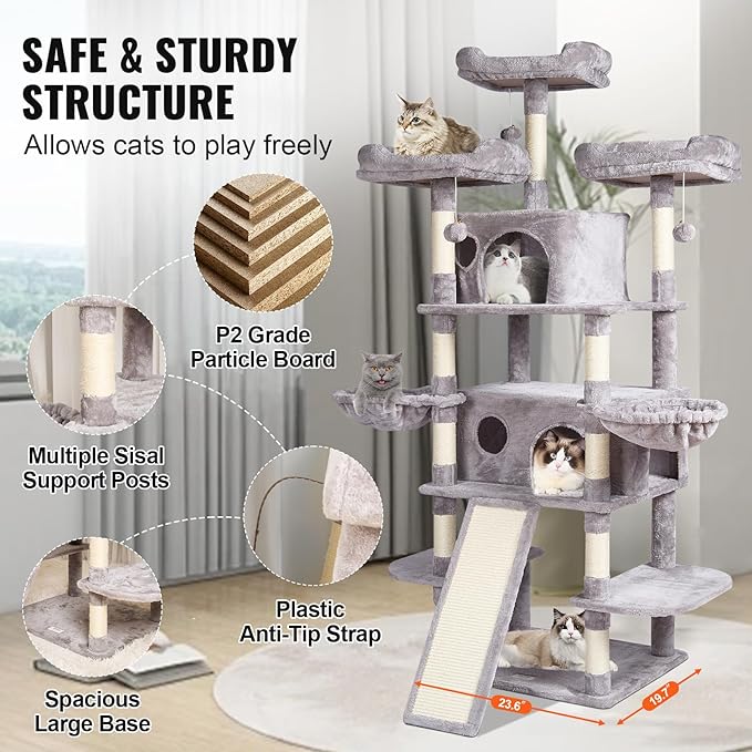 VEVOR Cat Tree for Indoor Cats, 68.5" Cat Tower with 2 Cat Condos, Sisal Scratching Post, Hammocks, Top Perches, Jumping Platforms and Ramp, Cat Furniture Activity Center with Hang Balls, Light Grey