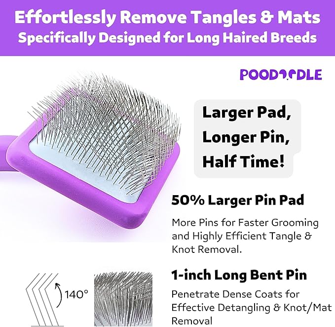 Dog Slicker Brush, Grooming Tool for Poodle, Doodle, Goldendoodle & All Long Haired Dogs, Long Pin Wood Brush Pefect for Dematting & Detangling, Effortless Grooming Pet Hair At Home - Large