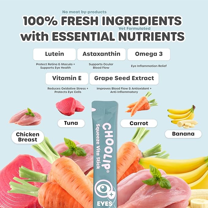 Choolip Squeeze Vita Stick Lickable Cat and Dog Treats, 7-Count Eye Support, Chicken and Tuna with Lutein, Grapeseed Extract and Vitamin E, Vet-Formulated