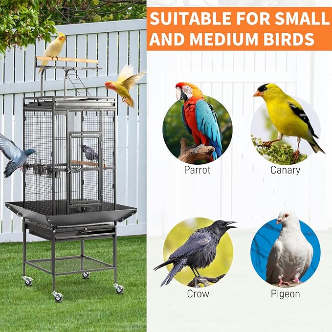 Wrought Iron Rolling Large Parrot Bird Cage,65-inch Wrought Iron Large Rolling Bird Cage with Play Top and Stand for Parrots Lovebird Cockatiel Parakeets, Black