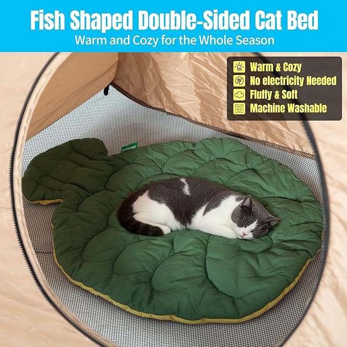 Pop Up Catio Tent Indoor Outdoor Cat Playpen Tent & Fish Shaped Cat Bed Set, 2-Space Cat Enclosure (Play/Rest/Litter Box Hideaway) Double Sided Cotton Pet Bed High-Value Cat Gear Bundle for Cats Dogs