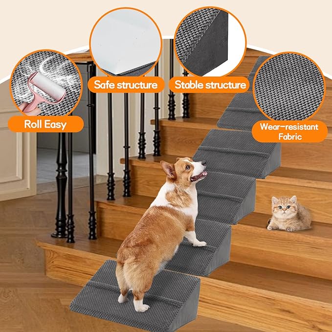 Upgrade Non-Slip Dog Ramps/Stairs for Staircase, Foam Dog Ramps for Stairs Inside House, Foam Pet Ramps for Small Dogs, Stair Ramp for Injured Dogs Cats with Self-Sticky Pads to Fix, 6 Pack
