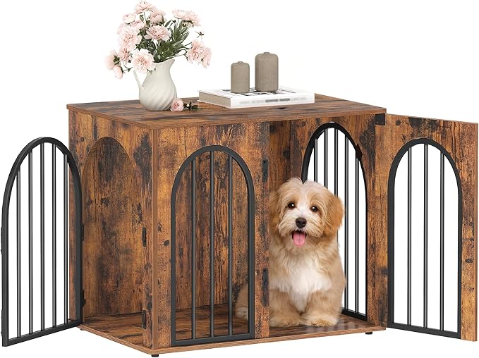 26.8'' Wooden Dog Crate Furniture, Indoor Dog Kennel Dogs Cage for Small Dogs, Heavy Duty Dog Crates Decorative Pet House End Side Table TV Stand, Rustic Brown DFC85501B