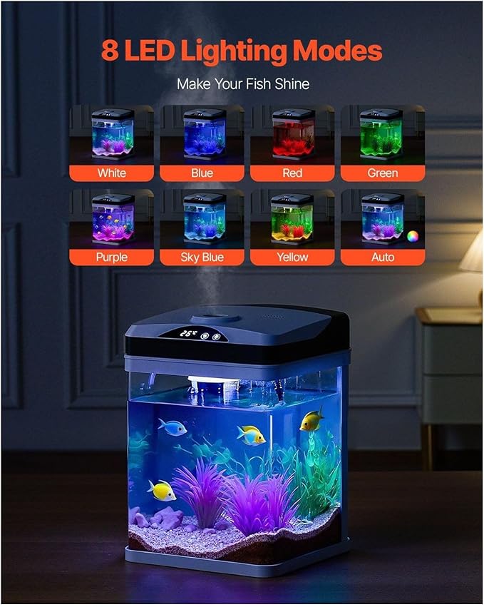 2 Gallon Fish Tank Aquarium LED Smart Square Glass 7 Color Self Cleaning Starter Kit