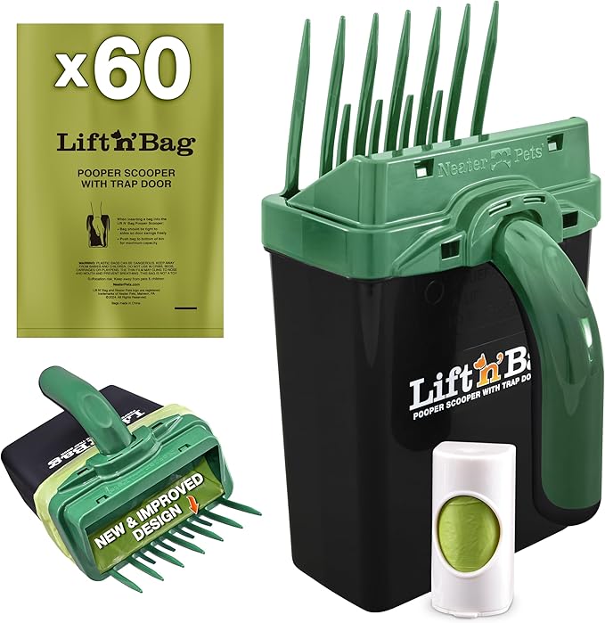Neater Pet Brands Lift N’ Bag 2.0 Dog Pooper Scooper with Bag Attachment for Small to Large Dogs, New & Improved Design, 60 Refill Bags, Heavy Duty Dog Poop Scooper for Yard & Walks, One-Hand Use