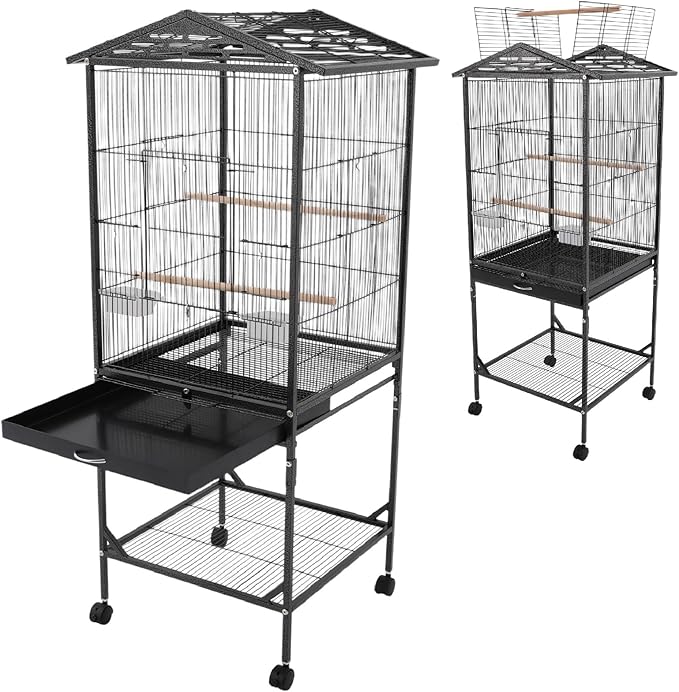 Large Bird Cage with Stand & Wheels, Freestanding Parakeet Birdcage with Wooden Stands & Feeding Cups, 49.2 Inch Bird Flight Cages for Parrot Canaries Cockatiels Budgie Parrotlet (Black-C)