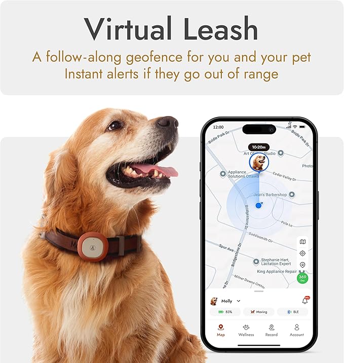 Molly&Cody GPS + Bluetooth Pet Tracker for Cats & Dogs – Real‑Time Tracking, Virtual Fence, IP67 Waterproof, Up to 60‑Day Battery, Health Monitoring, iOS/Android – Subscription Required (Red)