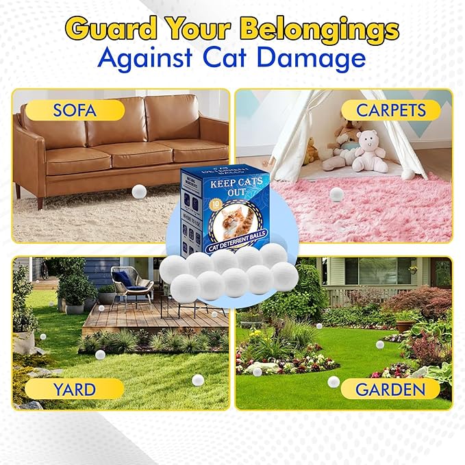 Cat Deterrent Outdoor & Indoor: 10Pack 100% Natural Cat Repellent Essential Oils Ball, Keep Cats Off Lawn, Yard, Plants, Garden, Mulch & Flower Permanently Against Scratch Chew, Keep Cats Away (10Pcs)