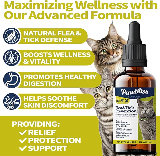 Flea and Tick Prevention for Cats, Pets Oral Natural Supplement Drops with Multivitamin Support for All Breeds and Ages