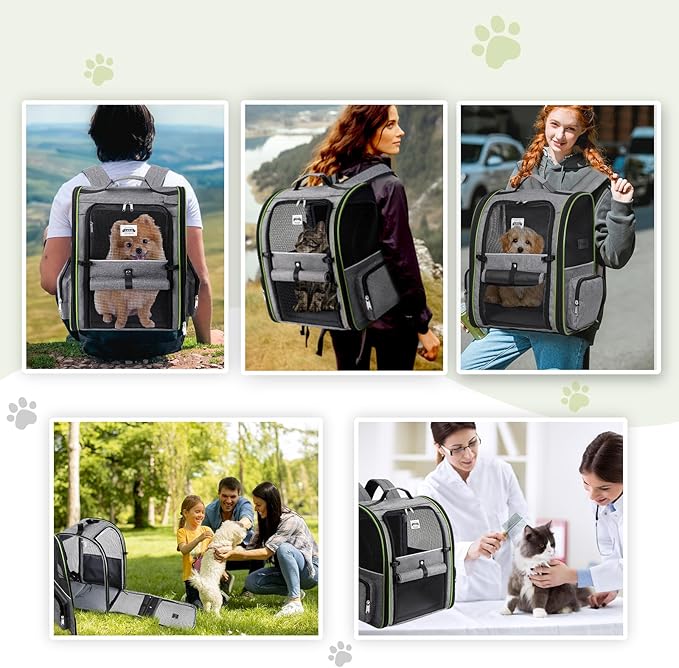 Lekebobor Large Cat Backpack Carrier Expandable Pet Carrier Backpack for Small Dogs Medium Cats Fit Up to 18 Lbs,Dogs Foldable Puppy Backpack Carrier for Travel, Hiking,Grey with Green Edge, XL