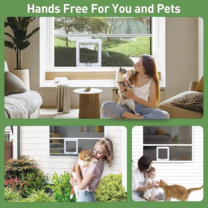 Cat Door for Window, Fits 14"-24" Width Window, Cat Window Door with 4 Locking Modes, Weatherproof Window Cat Door Insert, Magnetic Closure, Easy Installation, Clear Plexiglass