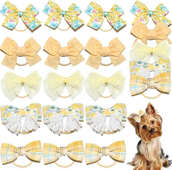 20pcs Yellow Dog Hair Bows for Small Dogs - Puppy Hair Clips with Rubber Bands, Cute Bowknot Hair Accessories, Handmade Pet Bows for Yorkie Grooming