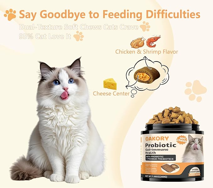 Cat Probiotics for Digestive Health - 500 Chicken Flavor Chews with Prebiotics | Supports Gut Health, Relieves Constipation & Diarrhea, Improves Stool Quality & Nutrient Absorption