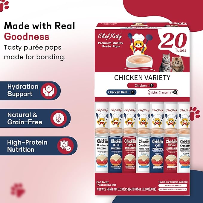 Cat Treats Lickable | Grain-Free Cat Food Toppers, High Protein | Creamy Puree Squeeze Ups with Vitamin E & Taurine, Digestible Formula | 0.5 oz. Each Tube, Chicken Mix Variety | 20 Tubes