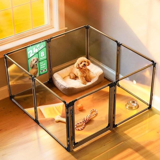 FXW AuraSpace Pro Metal & Acrylic Indoor Dog Playpen, All-Acrylic Clear Heavy-Duty Design, 24" Height 8 Panels for Puppies & Small Dogs, Walnut│Patented