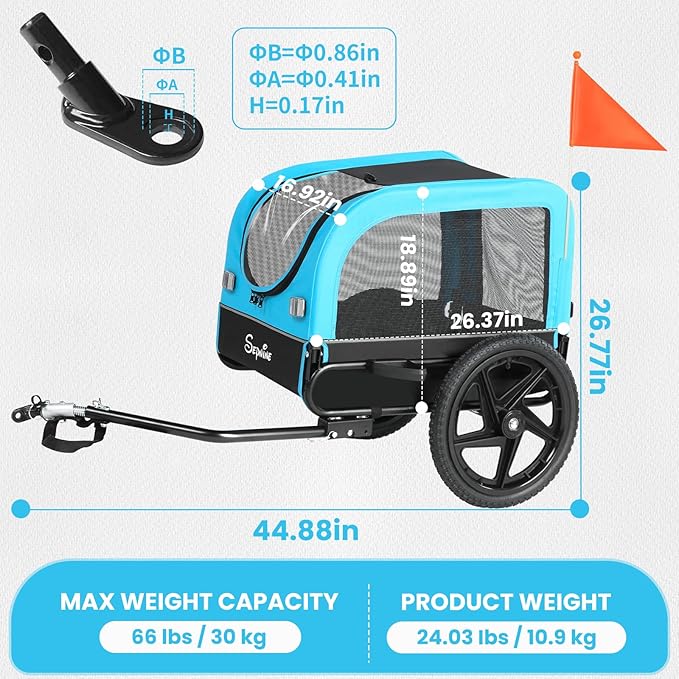 Sepnine Dog Bike Trailer, Dog Cart for Bicycle, Suitable for Small and Medium Pets, Easy Folding Cart Frame, Quick Release Wheel, Non-Slip Floor, Internal Leash, 66LBS