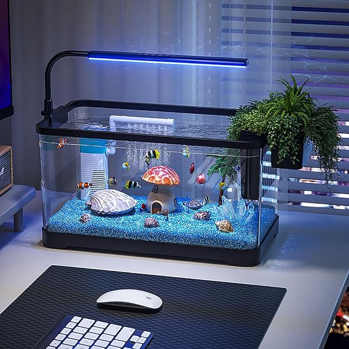 Fish Tank Aquarium Kit,Turtle Tank Kit with 3-in-1 Silent Water Pump Filter System, Self Cleaning Aquarium Starter Kit with LED Light Suitable for Small Fish Or Shrimp,Bottom Drainage(Medium)