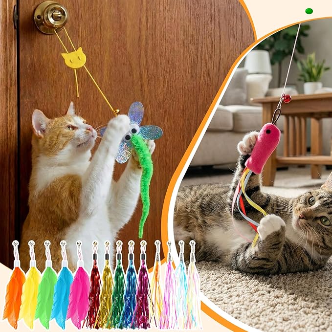 60 Pcs Cat Wand Feather Toys Refill Colorful Cat Wand Replacement Feathers Toy for Interactive Kitten Fishing Pole Feather Attachments with Bells for Stray Cats to Exercise (Feather-Mix)