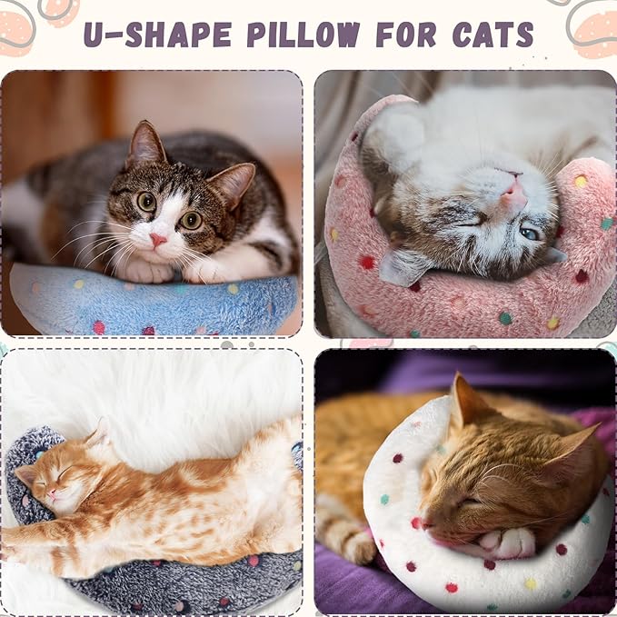 Sweetude 4 Pcs Pillows for Cats Puppy Bed Fluffy Pet Calming Soft Gifts Half Donut U Shaped Pet Neck Pillow Training Joint Relief Cervical Protection(Polka Dot,Medium)