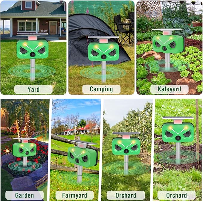 Solar Ultrasonic Animal Repellent, Waterproof Cat Deterrent Outdoor with LED Flashing Repel for Cats, Dogs, Deer, Rabbits, Squirrels, Skunks, Raccoons, etc.