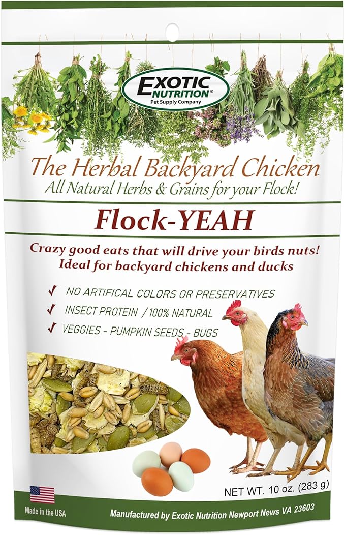 Exotic Nutrition Flock Yeah 10 oz. - Healthy All-Natural Chicken Treat - Natural Flowers, Herbs & Calcium Carbonate - Promotes Healthy Chickens & Eggs