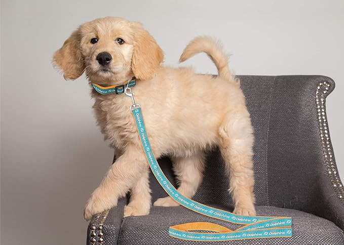 Pets First NFL Licensed Miami Dolphins 𝙿et Leash, Size Large – Durable Satin Dog & Cat Walking Strap and Pet Tether with Embroidered Team Name & Logo